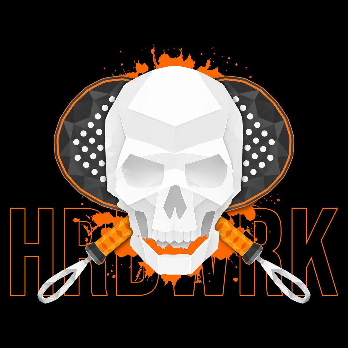 NO ROAR Drop 01 HRDWRK graphic: a white skull over crossed padel rackets with orange splatter, a giant outlined HRDWRK behind it